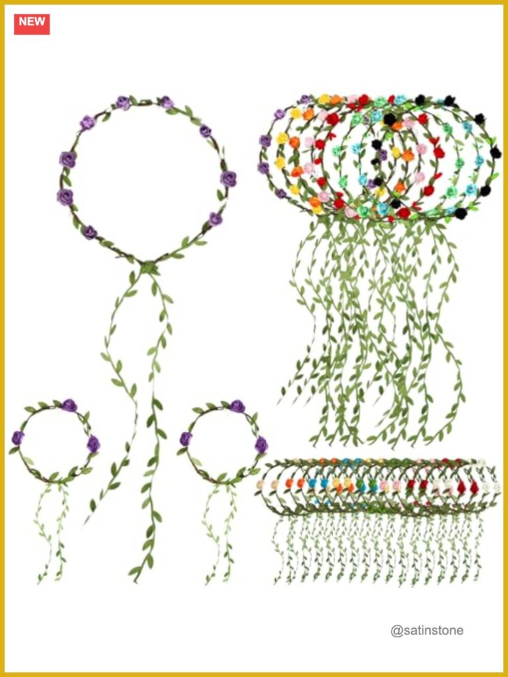 Flower Crown Headband & Wristband Set 24 Pc Floral Party Accessories